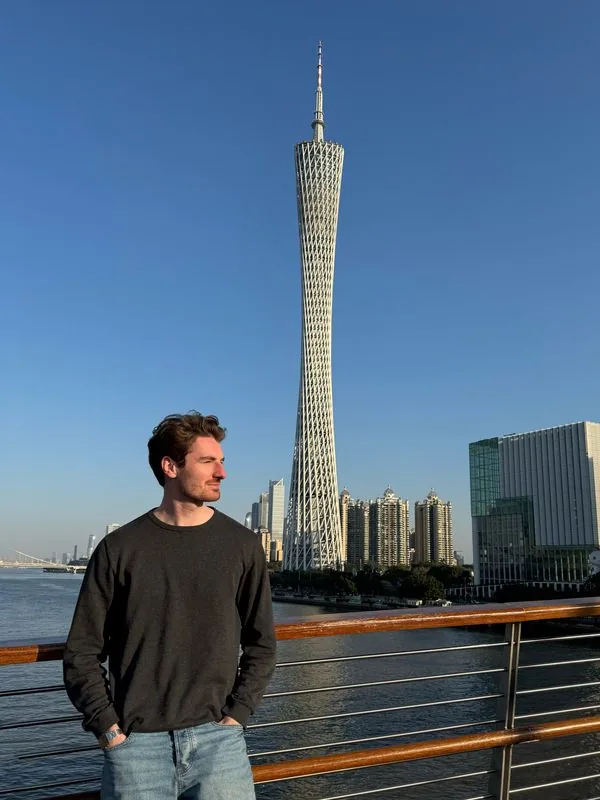 Felix in front of Canton Tower, Guangzhou, China